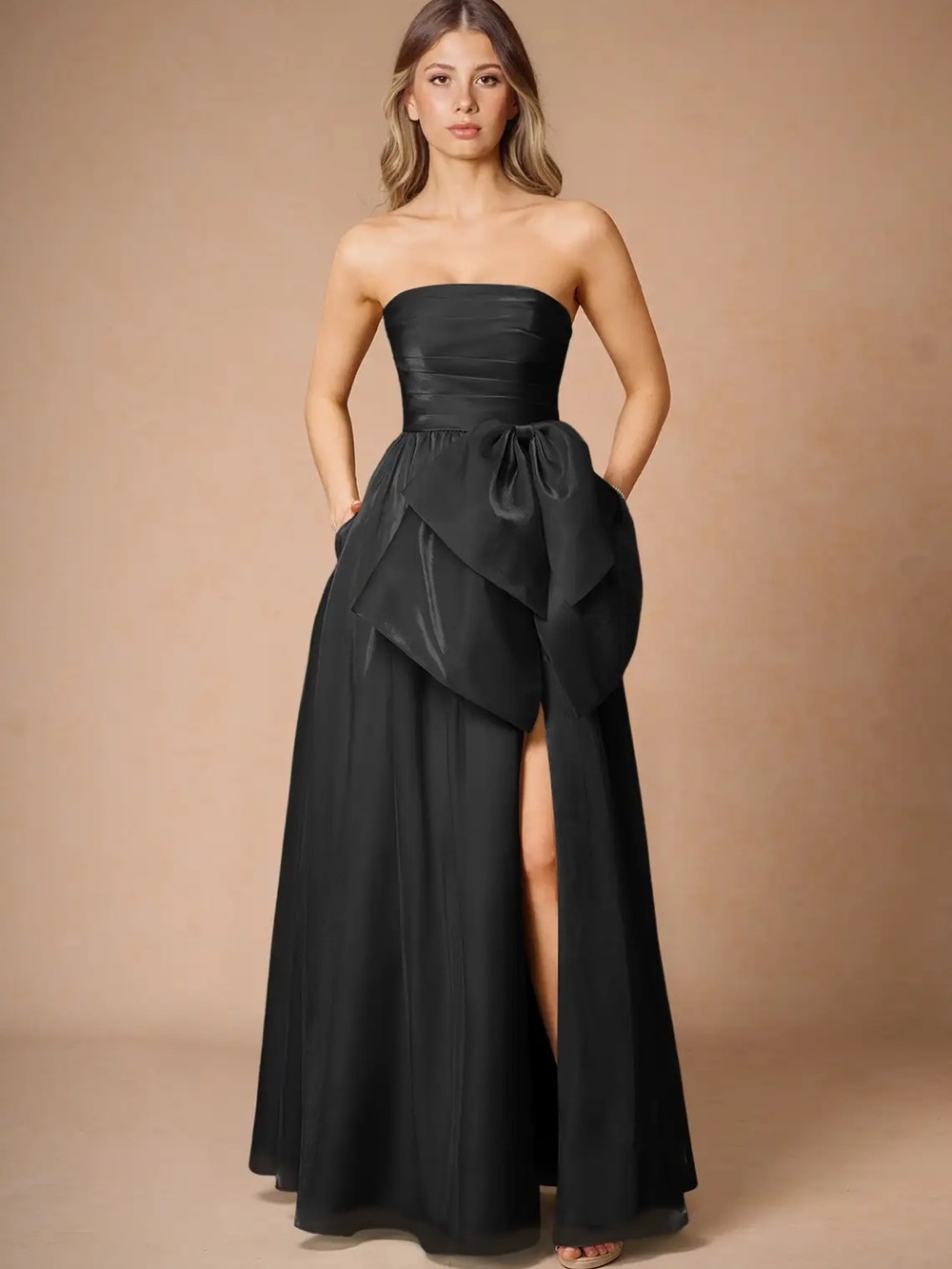 Liliana Black Strapless Evening Gown with Draped Side Bow